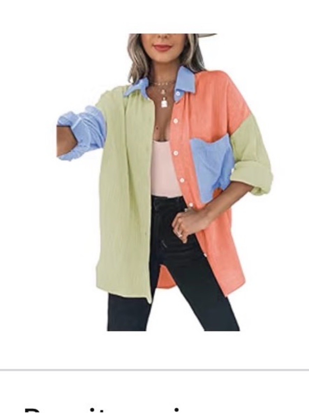 Oversized Colorblock Button-Down Shirt - Pastel Green, Coral & Light Blue